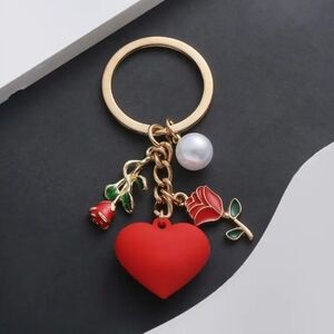 Heart Rose Pearl Pendant Keychain Girly Backpack Purse Charm Car Key Ring Holder